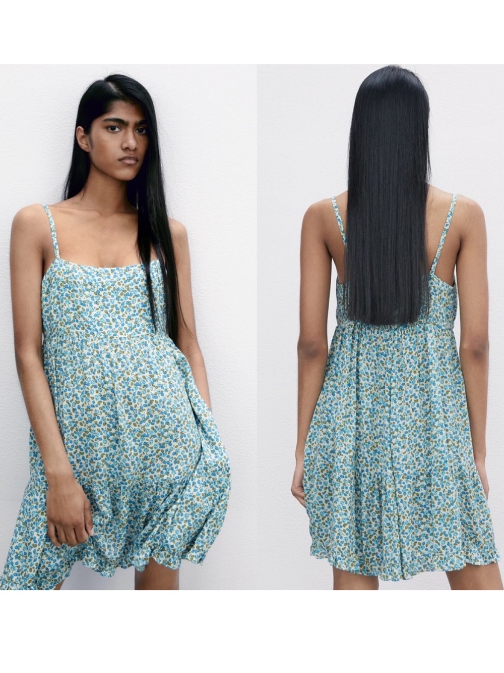 ZARA Mini Floral Babydoll Ruffle Hem Dress Blue/Green Size M